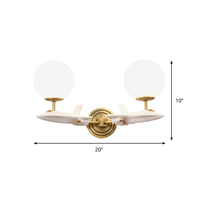 Frendorf | Kids Spaceship Shape Base Gold Wall Light Fixture 1/2 Bulbs Sconce Light with Globe Cream Glass Shade in White and Gold