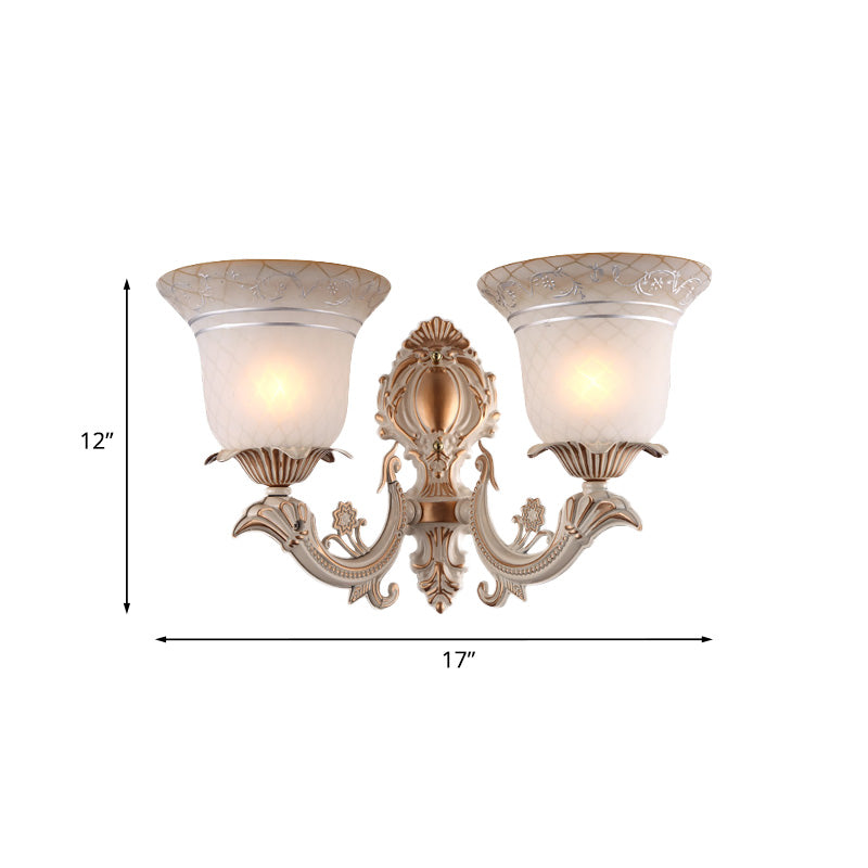 Frendorf | Metalen Beige Wandverlichting Fixture Curvy Arm 1/2-Licht Antieke Wandlamp met Bel Witte Glazen Schaduw