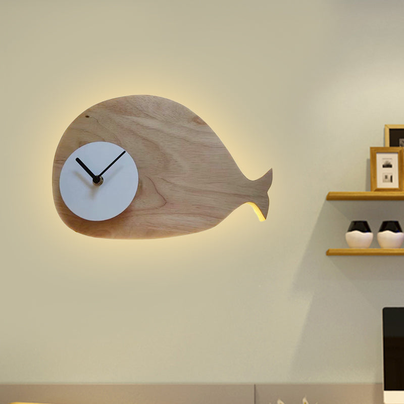 Frendorf | Schwarz/Weiß/Beige Wal Wandbeleuchtung Cartoon Holz LED Wandlampe mit/ohne Uhr in Warm/Weiß Licht