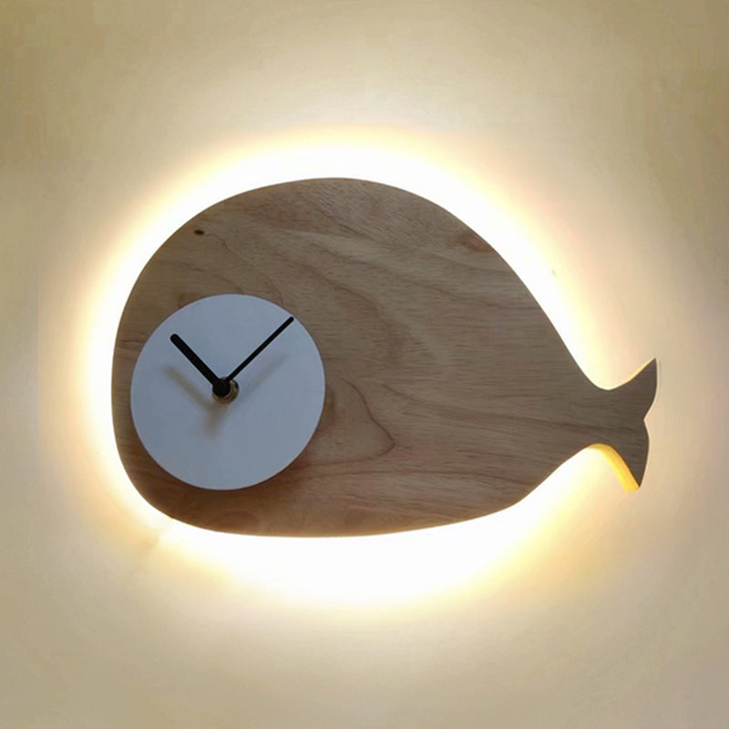 Frendorf | Schwarz/Weiß/Beige Wal Wandbeleuchtung Cartoon Holz LED Wandlampe mit/ohne Uhr in Warm/Weiß Licht