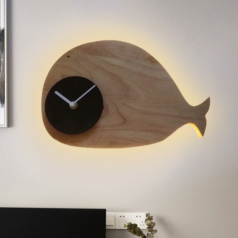 Frendorf | Schwarz/Weiß/Beige Wal Wandbeleuchtung Cartoon Holz LED Wandlampe mit/ohne Uhr in Warm/Weiß Licht