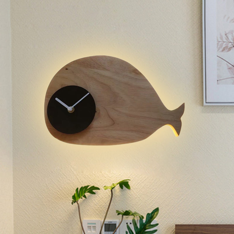 Frendorf | Schwarz/Weiß/Beige Wal Wandbeleuchtung Cartoon Holz LED Wandlampe mit/ohne Uhr in Warm/Weiß Licht