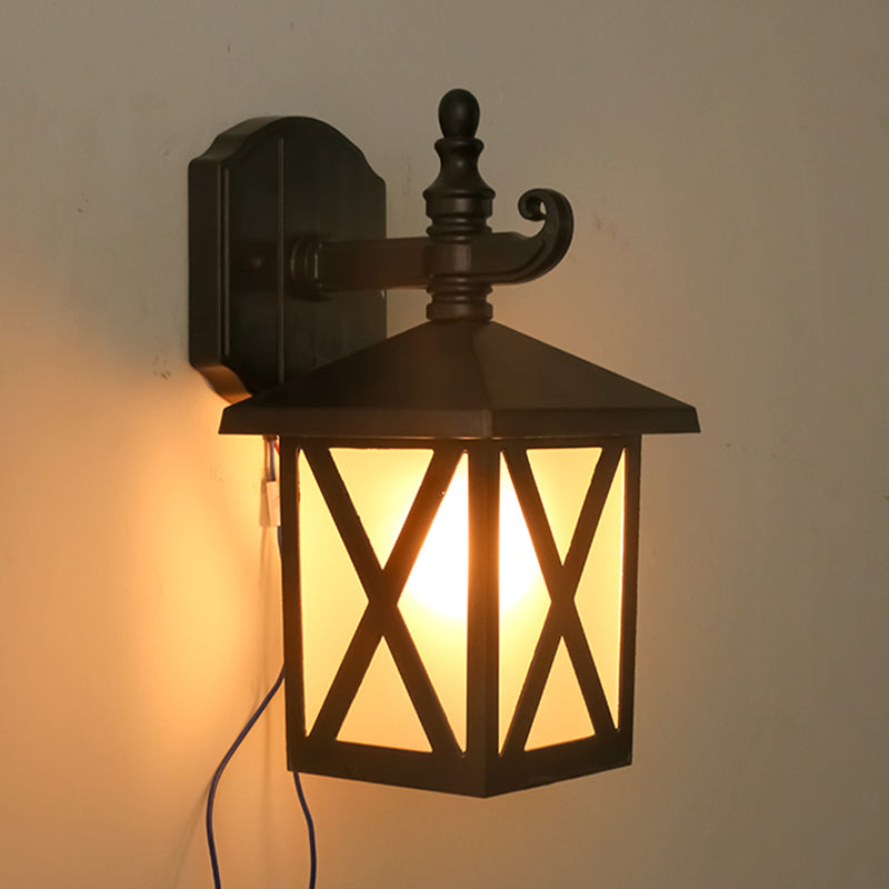 Frendorf | 1-Head Frosted Glass Wandlamp Verlichting Traditionele Donker Koffie Lantaarn Buiten Wandlamp Fixture