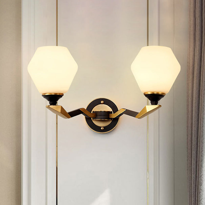 Frendorf | 1/2-Bulb Hexagon Wandlamp Classic Zwart en Goud Gemaakt van Frosted Glas Wandverlichting Fixture