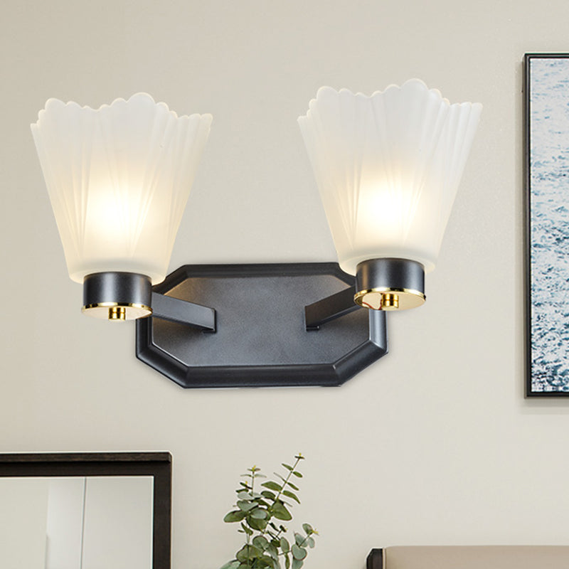 Frendorf | Tapered Milkglas Wandverlichting Retro 1/2 Bulbs Woonkamer Wandlamp in Zwart met Metalen Rechte Arm