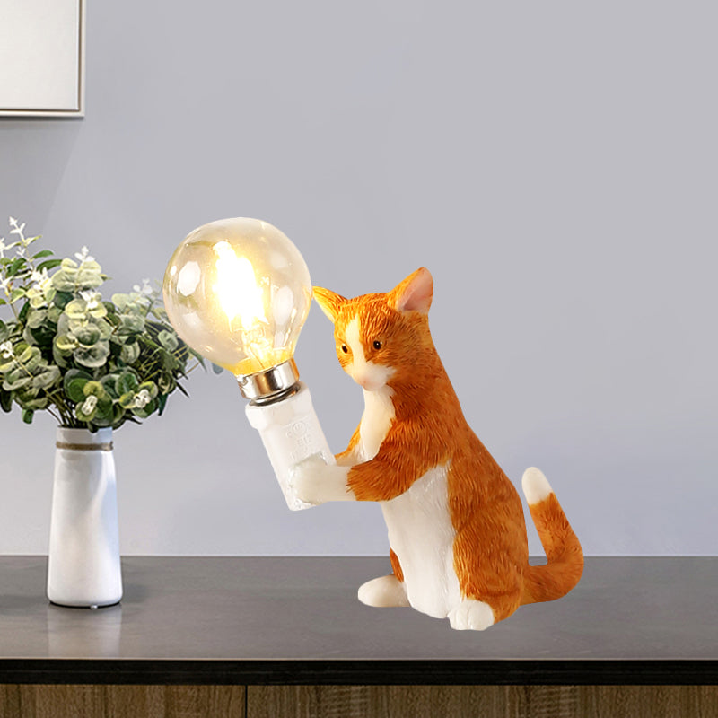 Tabby Cat Halter Tischlampe Kinder Eisen 1 Glühbirne Schwarz/Gelb/Blau Nachttischlicht mit Nackter Glühbirnen-Design