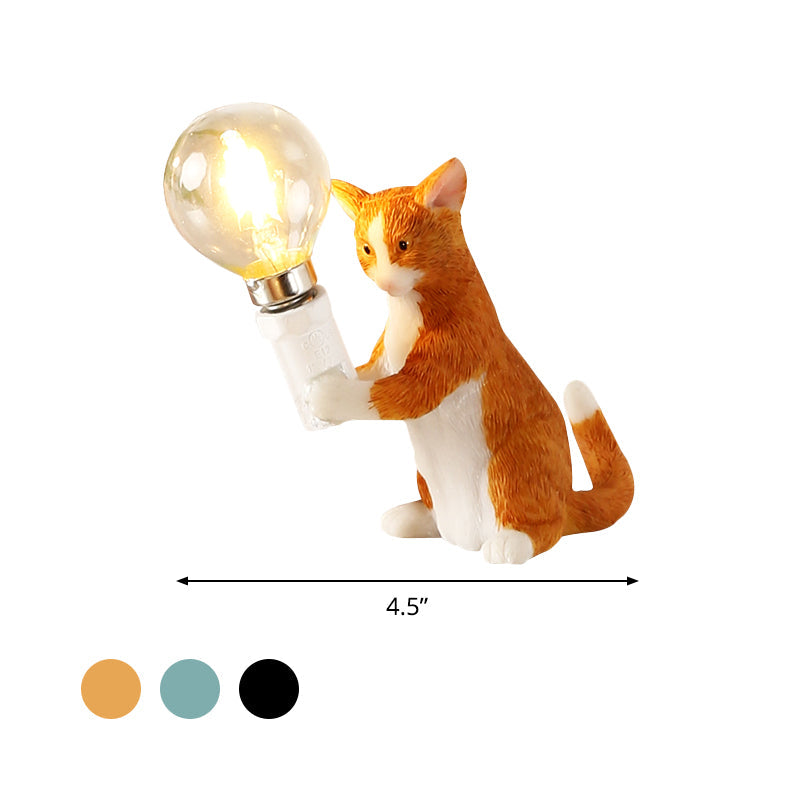 Tabby Cat Halter Tischlampe Kinder Eisen 1 Glühbirne Schwarz/Gelb/Blau Nachttischlicht mit Nackter Glühbirnen-Design