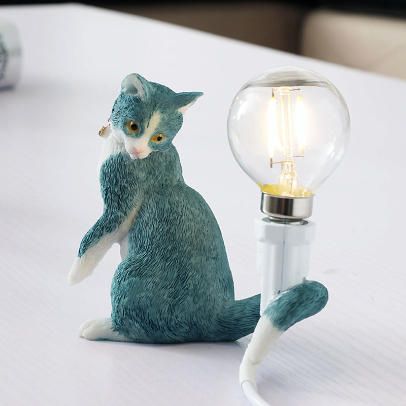 Tabby Cat Halter Tischlampe Kinder Eisen 1 Glühbirne Schwarz/Gelb/Blau Nachttischlicht mit Nackter Glühbirnen-Design