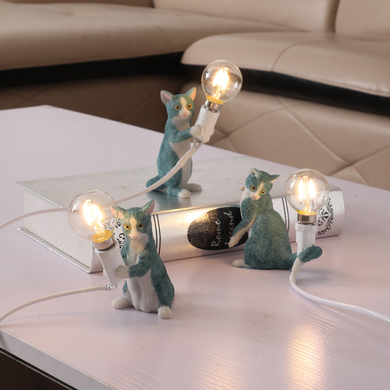 Tabby Cat Halter Tischlampe Kinder Eisen 1 Glühbirne Schwarz/Gelb/Blau Nachttischlicht mit Nackter Glühbirnen-Design