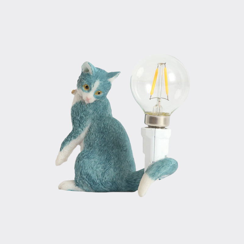 Tabby Cat Halter Tischlampe Kinder Eisen 1 Glühbirne Schwarz/Gelb/Blau Nachttischlicht mit Nackter Glühbirnen-Design