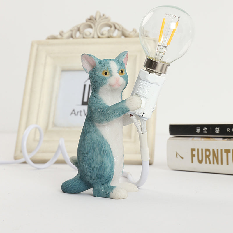 Tabby Cat Halter Tischlampe Kinder Eisen 1 Glühbirne Schwarz/Gelb/Blau Nachttischlicht mit Nackter Glühbirnen-Design