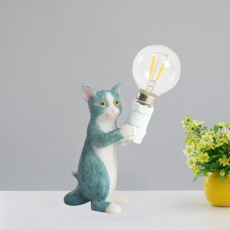 Tabby Cat Halter Tischlampe Kinder Eisen 1 Glühbirne Schwarz/Gelb/Blau Nachttischlicht mit Nackter Glühbirnen-Design