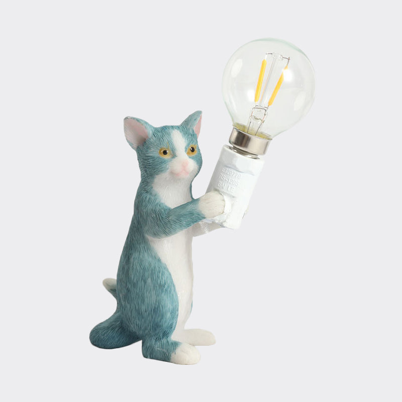 Tabby Cat Halter Tischlampe Kinder Eisen 1 Glühbirne Schwarz/Gelb/Blau Nachttischlicht mit Nackter Glühbirnen-Design
