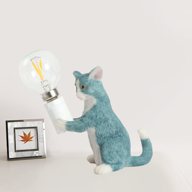 Tabby Cat Halter Tischlampe Kinder Eisen 1 Glühbirne Schwarz/Gelb/Blau Nachttischlicht mit Nackter Glühbirnen-Design