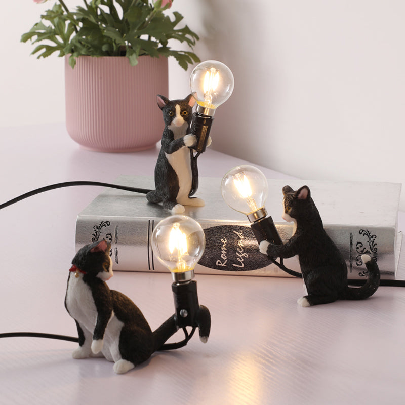 Tabby Cat Halter Tischlampe Kinder Eisen 1 Glühbirne Schwarz/Gelb/Blau Nachttischlicht mit Nackter Glühbirnen-Design