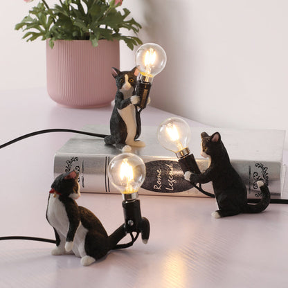 Tabby Cat Halter Tischlampe Kinder Eisen 1 Glühbirne Schwarz/Gelb/Blau Nachttischlicht mit Nackter Glühbirnen-Design