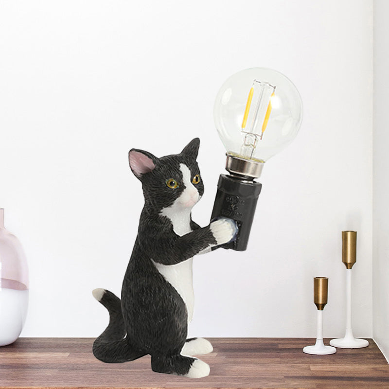 Tabby Cat Halter Tischlampe Kinder Eisen 1 Glühbirne Schwarz/Gelb/Blau Nachttischlicht mit Nackter Glühbirnen-Design