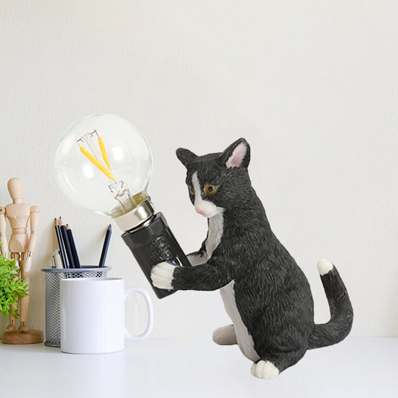Tabby Cat Halter Tischlampe Kinder Eisen 1 Glühbirne Schwarz/Gelb/Blau Nachttischlicht mit Nackter Glühbirnen-Design