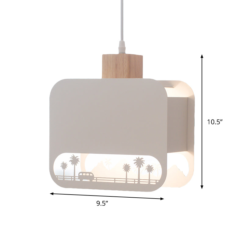 1 Glühbirne Kinderzimmer Hängeleuchte Set Nordic Weiß und Holz Pendelleuchte mit geätzt quadratischem Eisenschirm