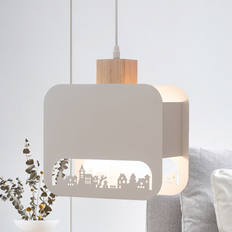 1 Glühbirne Kinderzimmer Hängeleuchte Set Nordic Weiß und Holz Pendelleuchte mit geätzt quadratischem Eisenschirm