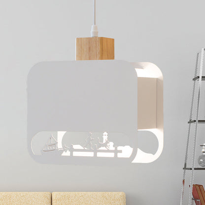 1 Glühbirne Kinderzimmer Hängeleuchte Set Nordic Weiß und Holz Pendelleuchte mit geätzt quadratischem Eisenschirm