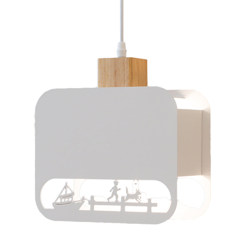 1 Glühbirne Kinderzimmer Hängeleuchte Set Nordic Weiß und Holz Pendelleuchte mit geätzt quadratischem Eisenschirm