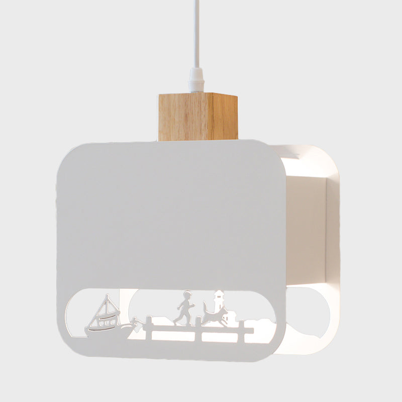 1 Glühbirne Kinderzimmer Hängeleuchte Set Nordic Weiß und Holz Pendelleuchte mit geätzt quadratischem Eisenschirm