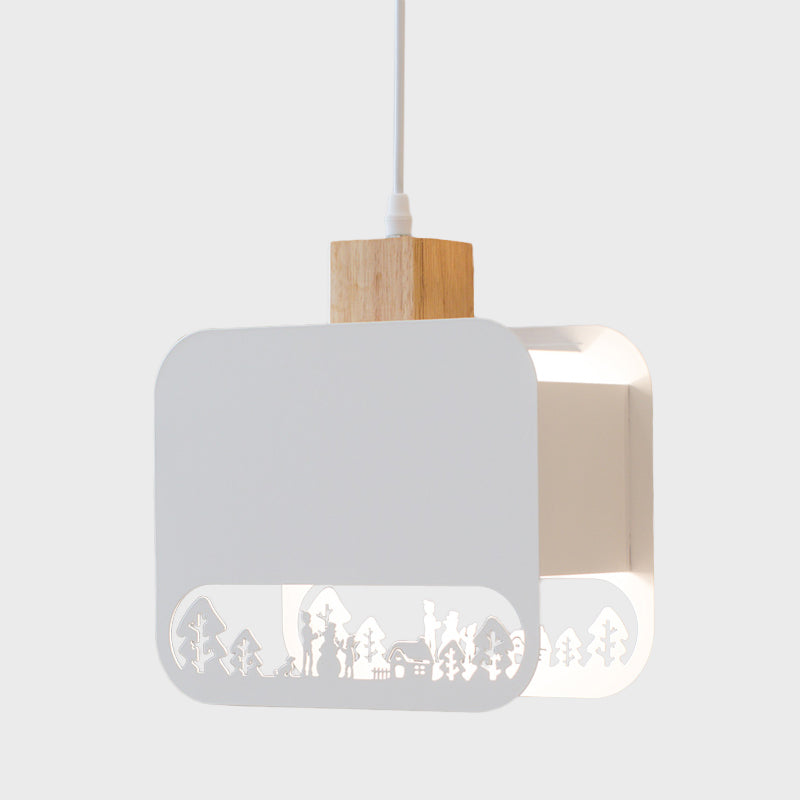 1 Glühbirne Kinderzimmer Hängeleuchte Set Nordic Weiß und Holz Pendelleuchte mit geätzt quadratischem Eisenschirm