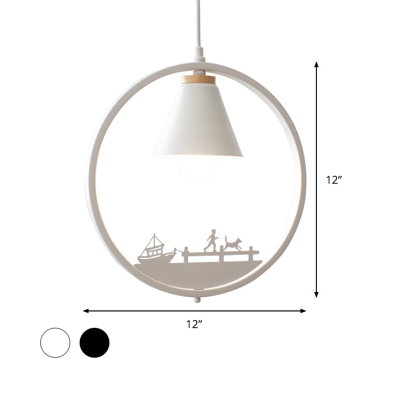 Eisen Kegel Schirm Pendelleuchte Nordic 1 Glühbirne Schwarz/Weiß Hängelampe mit Papier Schnitt Dekoration