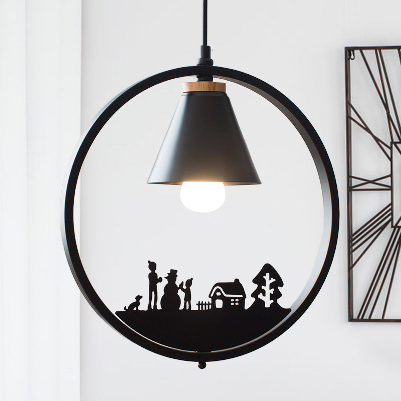Eisen Kegel Schirm Pendelleuchte Nordic 1 Glühbirne Schwarz/Weiß Hängelampe mit Papier Schnitt Dekoration