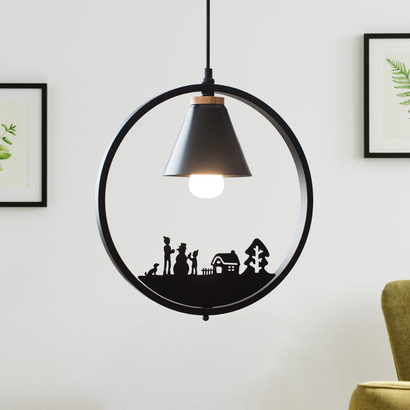 Eisen Kegel Schirm Pendelleuchte Nordic 1 Glühbirne Schwarz/Weiß Hängelampe mit Papier Schnitt Dekoration