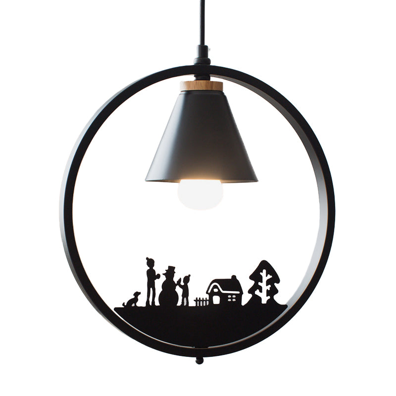 Eisen Kegel Schirm Pendelleuchte Nordic 1 Glühbirne Schwarz/Weiß Hängelampe mit Papier Schnitt Dekoration