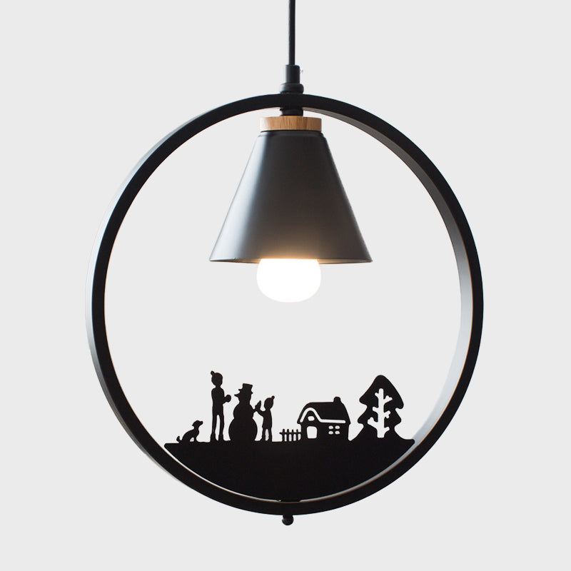 Eisen Kegel Schirm Pendelleuchte Nordic 1 Glühbirne Schwarz/Weiß Hängelampe mit Papier Schnitt Dekoration