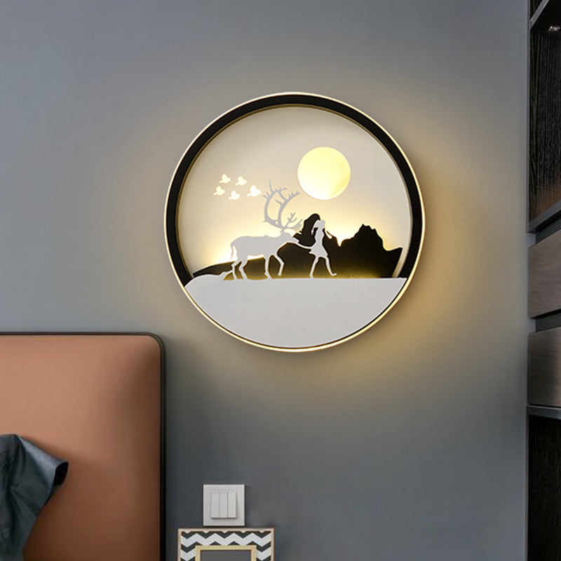 Metall Runde Wandbeleuchtung Idee Modernistisch LED Schwarze Wandlampe Wandleuchte mit Reh und Mädchen/Adler/Windmühle Design
