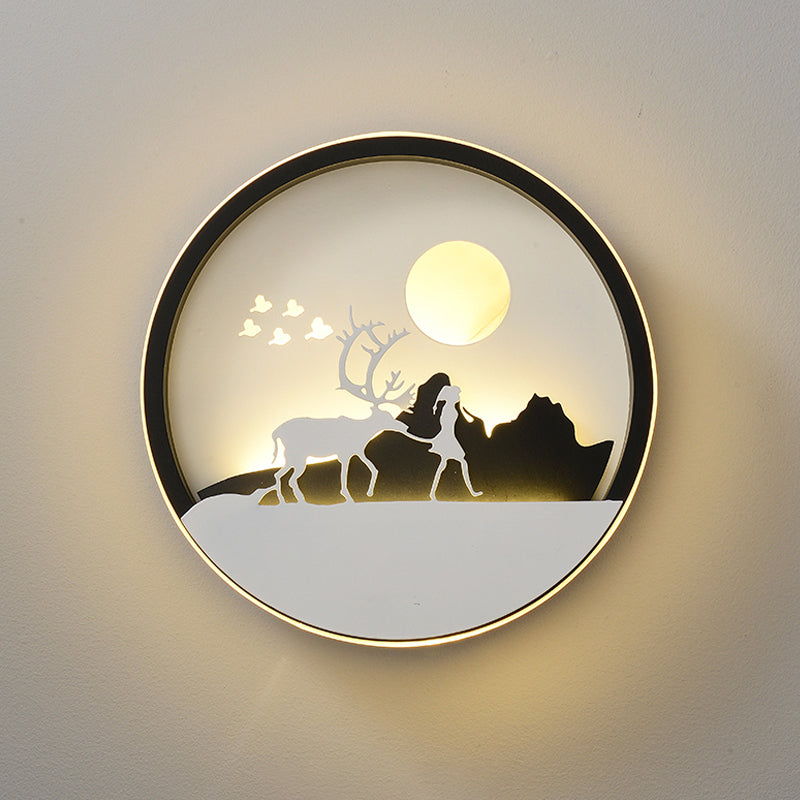 Metall Runde Wandbeleuchtung Idee Modernistische LED Schwarze Wandleuchte mit Reh und Mädchen/Adler/Windmühle Design