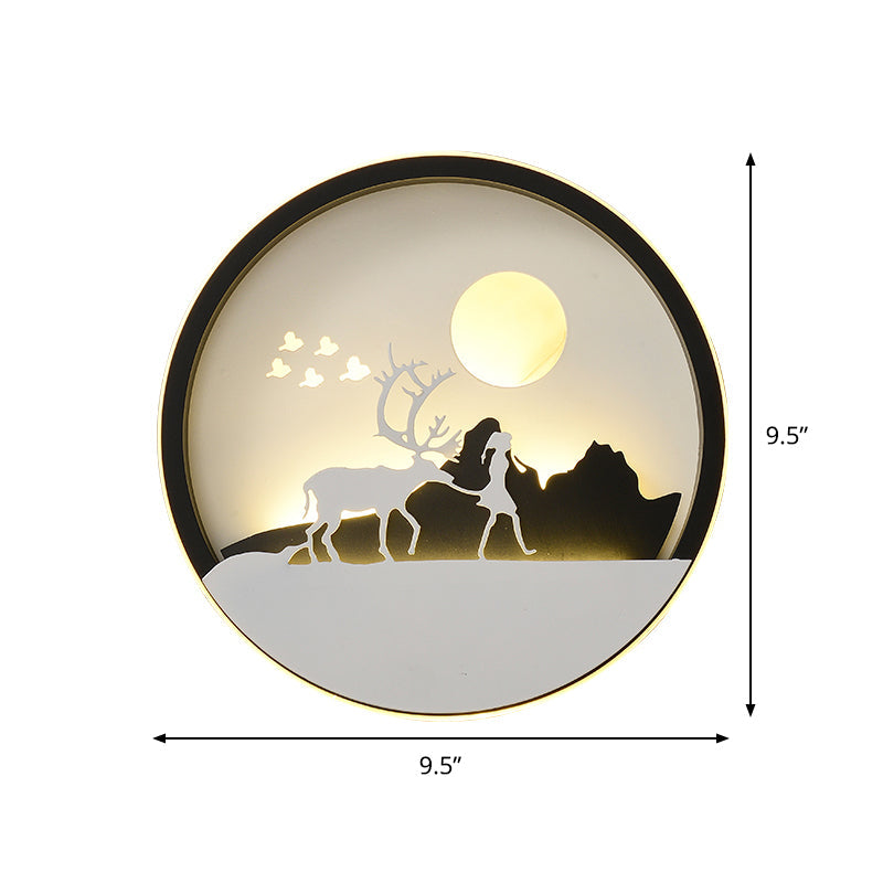 Metall Runde Wandbeleuchtung Idee Modernistische LED Schwarze Wandleuchte mit Reh und Mädchen/Adler/Windmühle Design