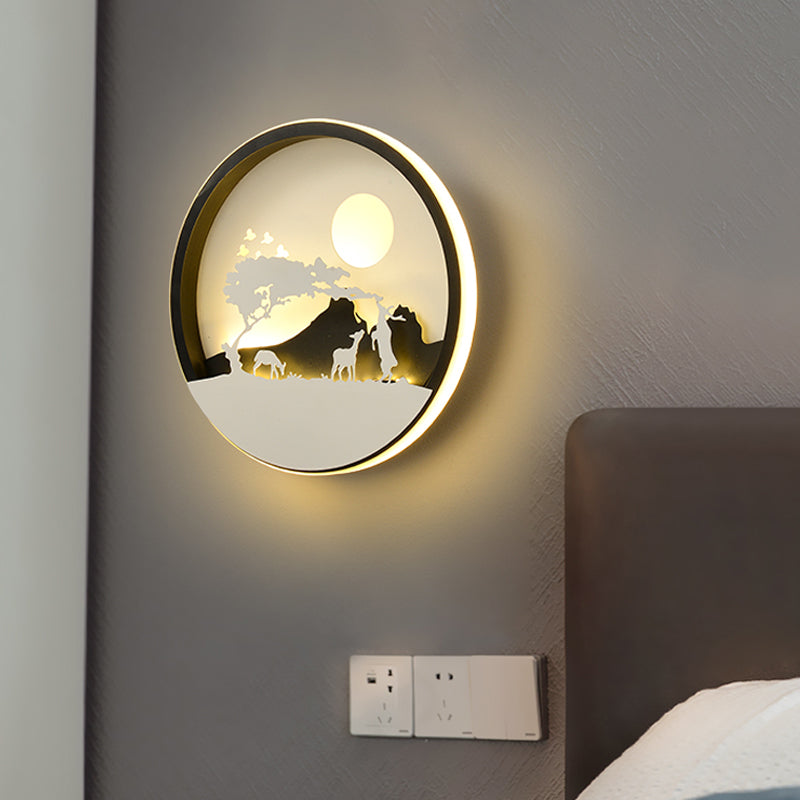 Metall Runde Wandbeleuchtung Idee Modernistisch LED Schwarze Wandlampe Wandleuchte mit Reh und Mädchen/Adler/Windmühle Design