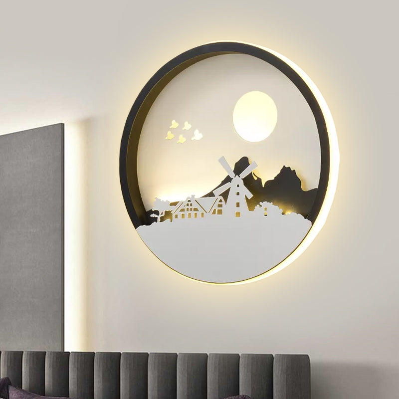 Metall Runde Wandbeleuchtung Idee Modernistisch LED Schwarze Wandlampe Wandleuchte mit Reh und Mädchen/Adler/Windmühle Design