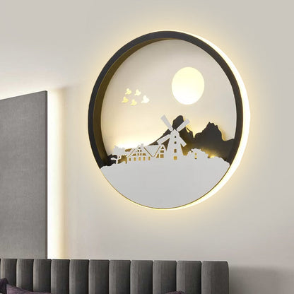 Metall Runde Wandbeleuchtung Idee Modernistisch LED Schwarze Wandlampe Wandleuchte mit Reh und Mädchen/Adler/Windmühle Design