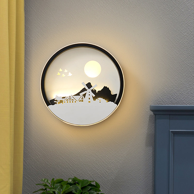 Metall Runde Wandbeleuchtung Idee Modernistisch LED Schwarze Wandlampe Wandleuchte mit Reh und Mädchen/Adler/Windmühle Design
