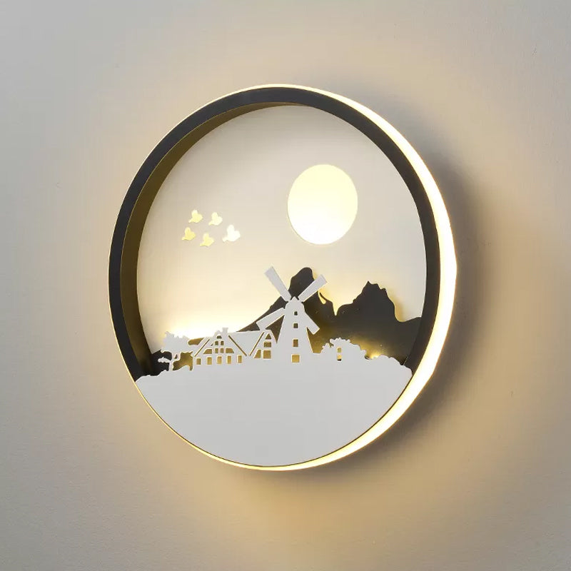 Metall Runde Wandbeleuchtung Idee Modernistisch LED Schwarze Wandlampe Wandleuchte mit Reh und Mädchen/Adler/Windmühle Design