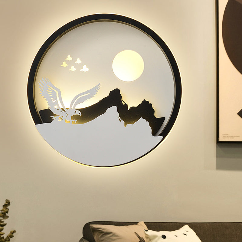 Metall Runde Wandbeleuchtung Idee Modernistisch LED Schwarze Wandlampe Wandleuchte mit Reh und Mädchen/Adler/Windmühle Design