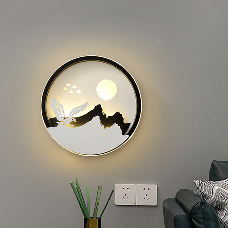 Metall Runde Wandbeleuchtung Idee Modernistisch LED Schwarze Wandlampe Wandleuchte mit Reh und Mädchen/Adler/Windmühle Design