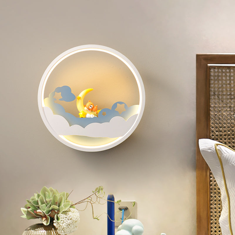 Frendorf | Witte Wolk Wandlamp Verlichting Hedendaagse LED Acrylaat Ring Wandlamp Fixture met Meisje/Bear/Kleine Monnik Deco