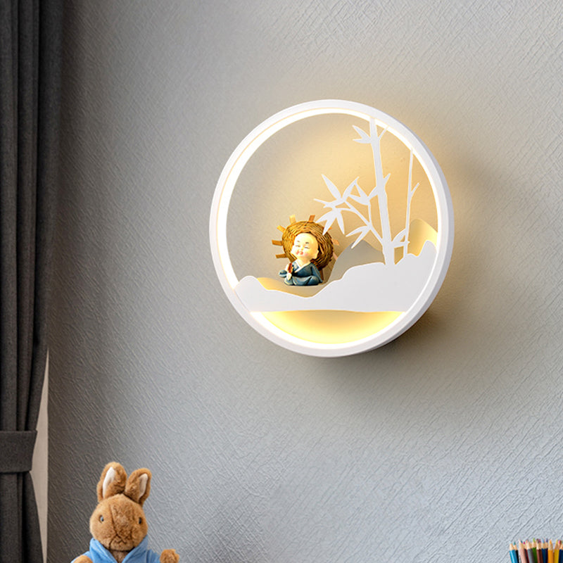 Frendorf | Witte Wolk Wandlamp Verlichting Hedendaagse LED Acrylaat Ring Wandlamp Fixture met Meisje/Bear/Kleine Monnik Deco