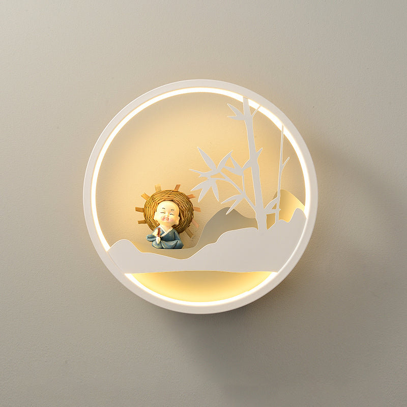 Frendorf | Witte Wolk Wandlamp Verlichting Hedendaagse LED Acrylaat Ring Wandlamp Fixture met Meisje/Bear/Kleine Monnik Deco