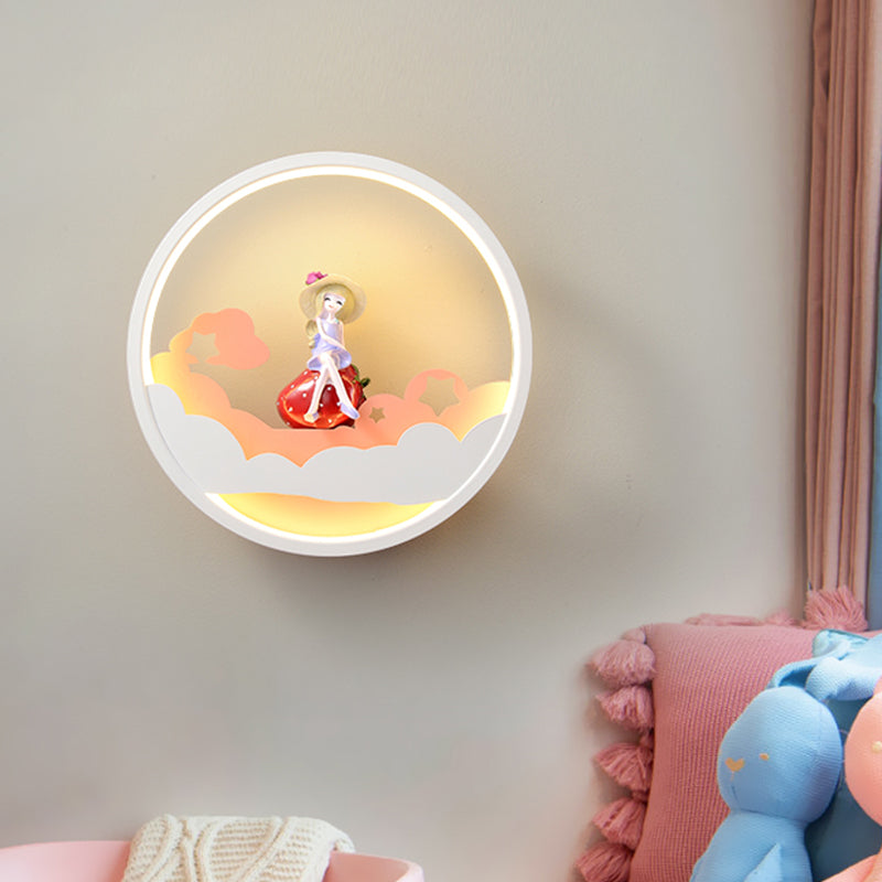 Frendorf | Witte Wolk Wandlamp Verlichting Hedendaagse LED Acrylaat Ring Wandlamp Fixture met Meisje/Bear/Kleine Monnik Deco