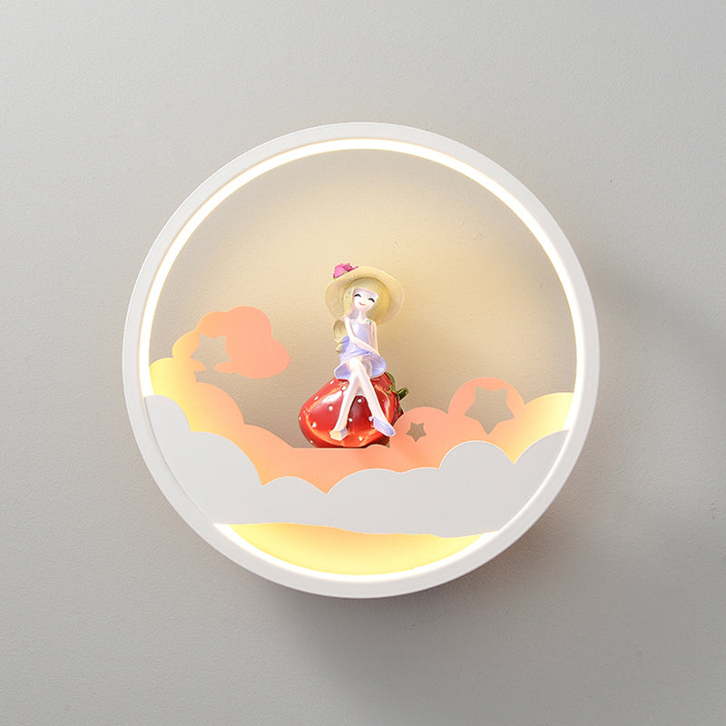 Frendorf | Witte Wolk Wandlamp Verlichting Hedendaagse LED Acrylaat Ring Wandlamp Fixture met Meisje/Bear/Kleine Monnik Deco