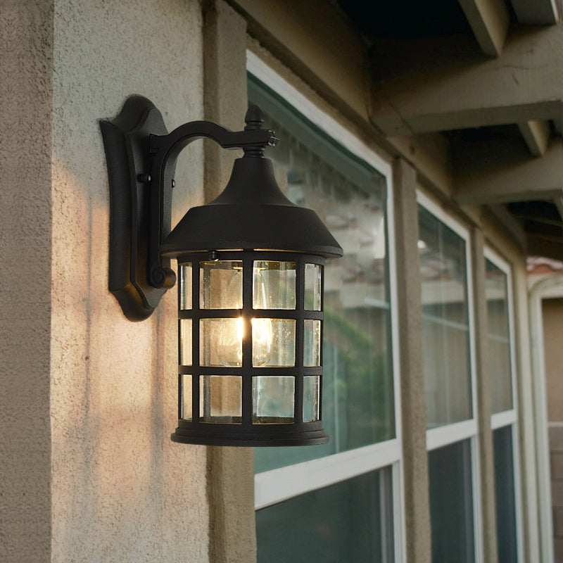 Frendorf | Vogelkooi heldere glazen wandlamp plattelands enkele bollen binnenplaats wandlamp in zwart met metalen frame
