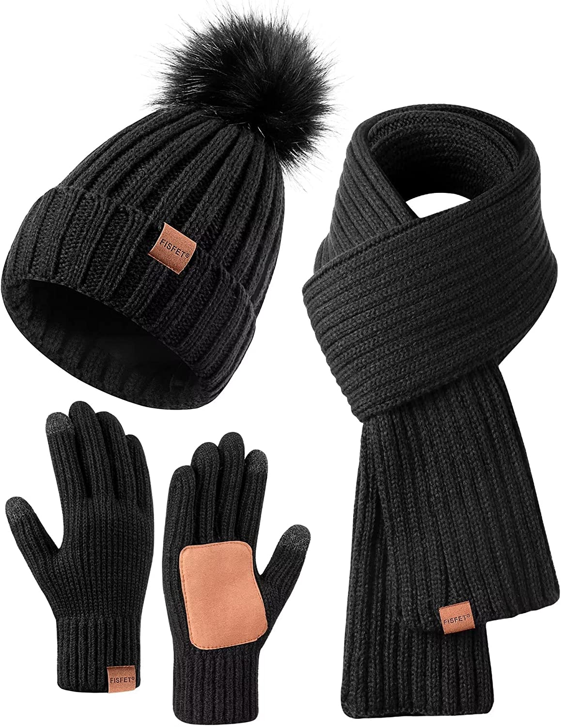 Frendorf | Damen Beanie mit Pom Pom Lange Schal Halswärmer Touchscreen Handschuhe 3 in 1 Set